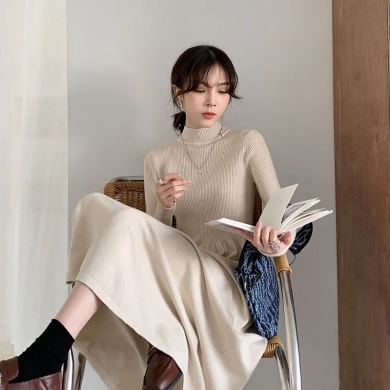 Camada de base interior usar petite vestido feminino inverno engrossado novo estilo francês camisola de malha vestido longo feminino