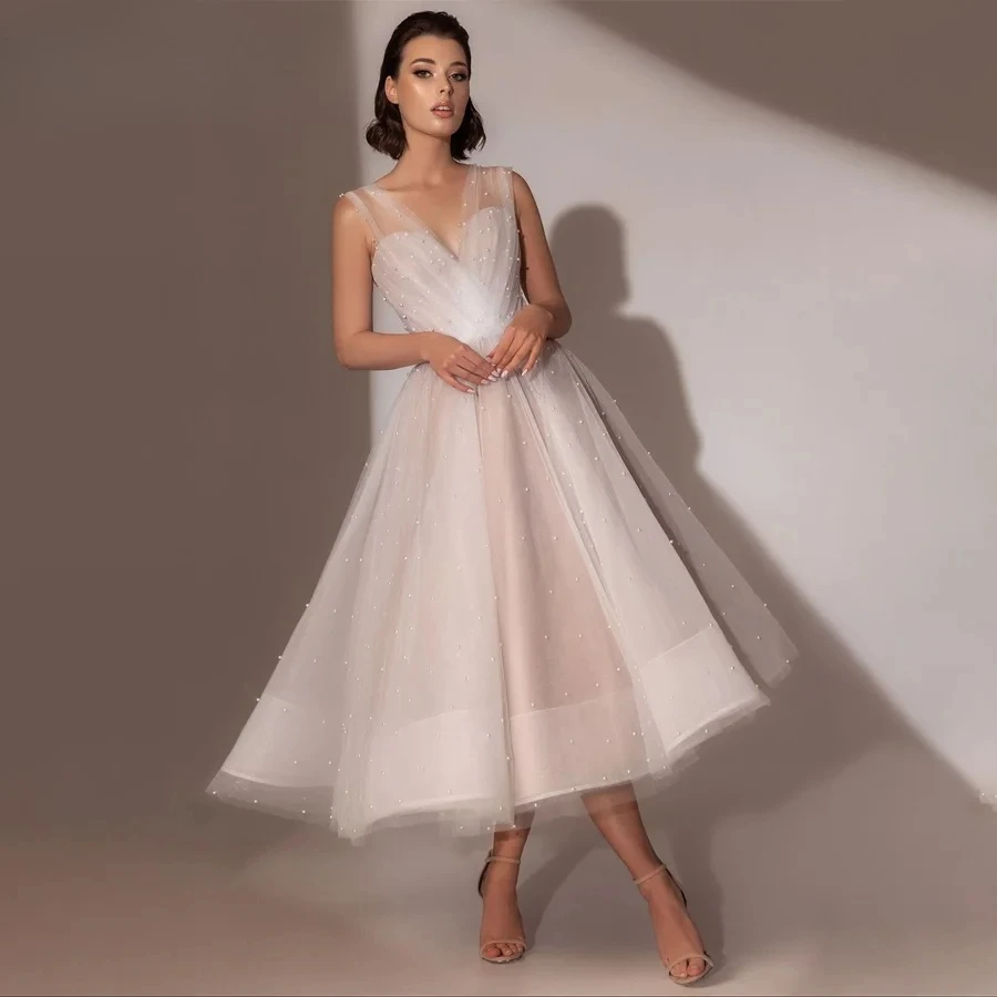 Customized V Neck Sleeveless Tulle A Line Wedding Dress with Beaded Pearl Pleated Bodice Tea Length for Bridal Ceremony