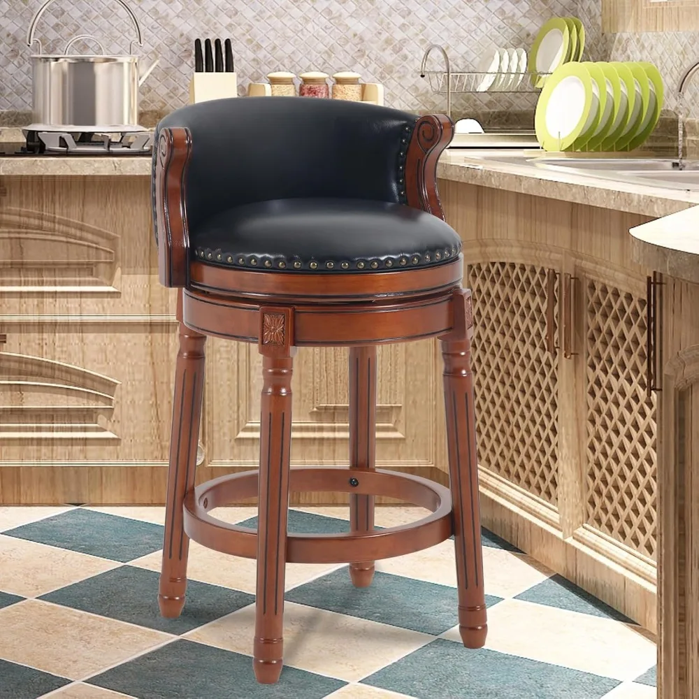 Leather-Cushioned Swivel Bar Stools with Backrest and Footrest, Rubberwood Counter Height for Home and Kitchen Use