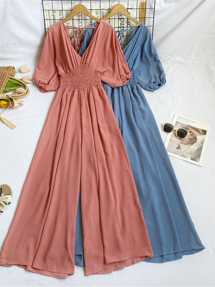 Spring Summer Women Solid Color Jumpsuits Blue/Black/Red V-Neck Puff Short Sleeve Wide Leg Romper Female Elegant Casual Rompers