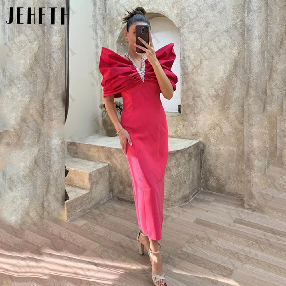 JEHETH Red Dubai Mermaid Evening Dresses For Woman فساتين سهرة Saudi Arabic Halter Crystal Satin Off Shoulder Prom Banquet Gowns