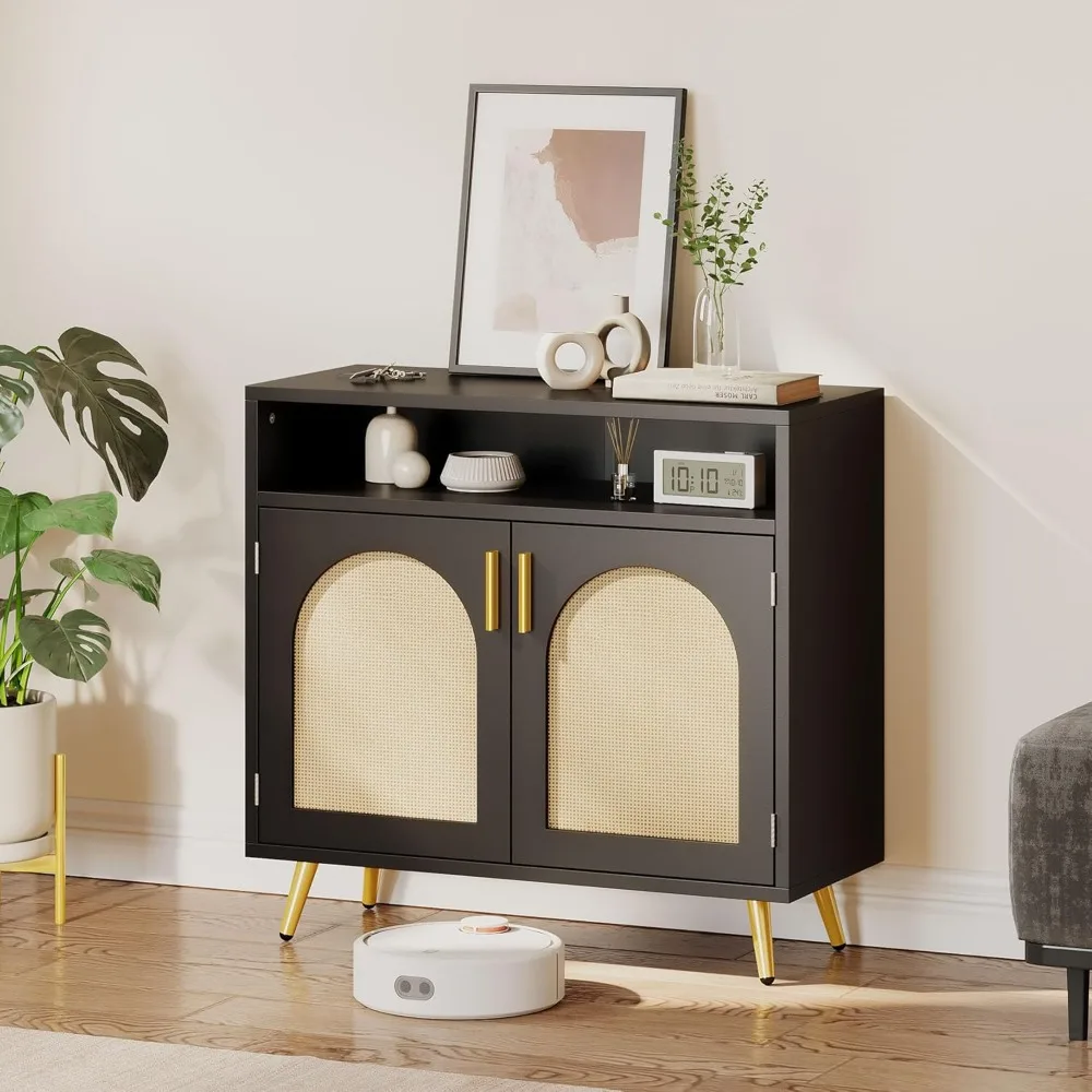 

Rattan Buffet Cabinet, 31.5" Accent Storage Cabinet w/Natural Rattan Doors, Modern Sideboard Rattan Cabinet w/Storage