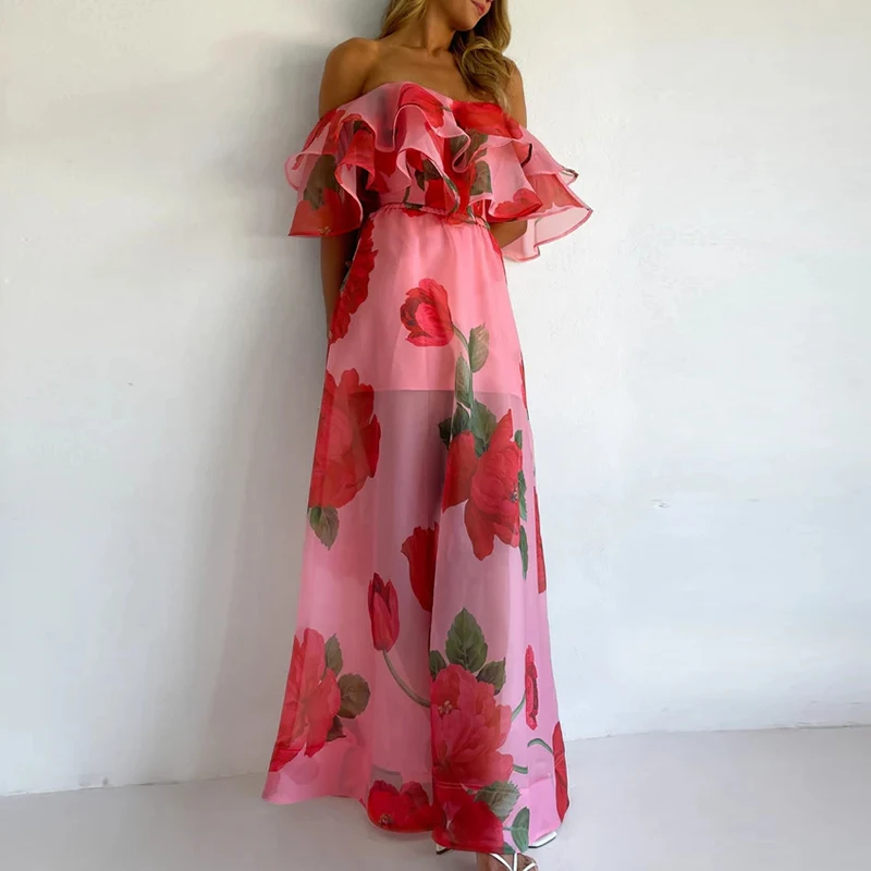 

Летний пляжный костюм с рюшами и цветочным принтом, комплект из 2 предметов: модный топ с открытыми плечами и длинная юбка для женщин