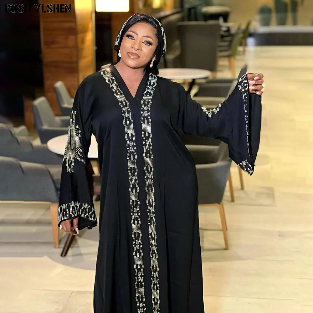 

Flare Sleve African Dresses for Women 2023 Muslim Lady Front Back Robe Hot Drill Abaya Long Dress Traditional Clothing Plus Size