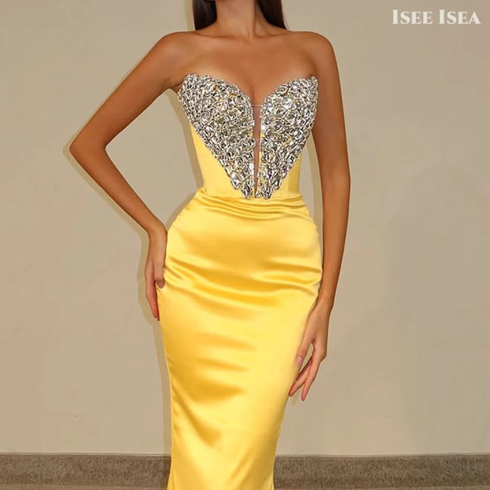 Robes de soirée sirène jaune Satin cristal chérie paillettes robes cerémonie pour femme robes de Gala de bal personnalisées