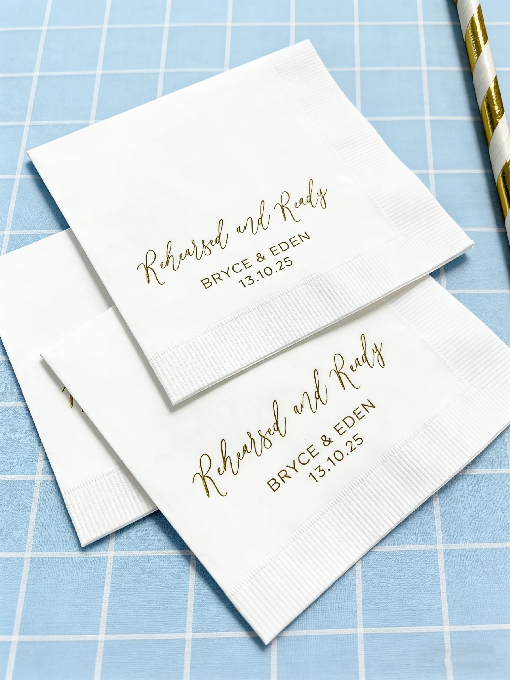 

Personalized Rehearsal Napkins Foil Stamped "Rehearsed & Ready" Custom Printed Napkins for Cocktail Luncheon Dinner Guest Towels