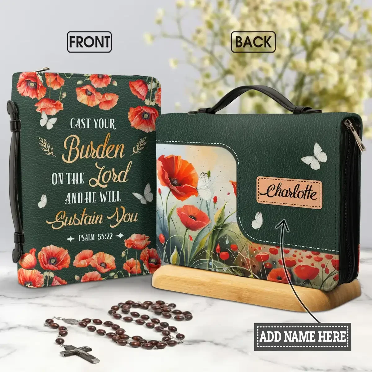 

Cast Your Burden On The Lord And He Will Sustain You Print Bible Carrying Bag for Women PU Leather Christian Storage Case Cover