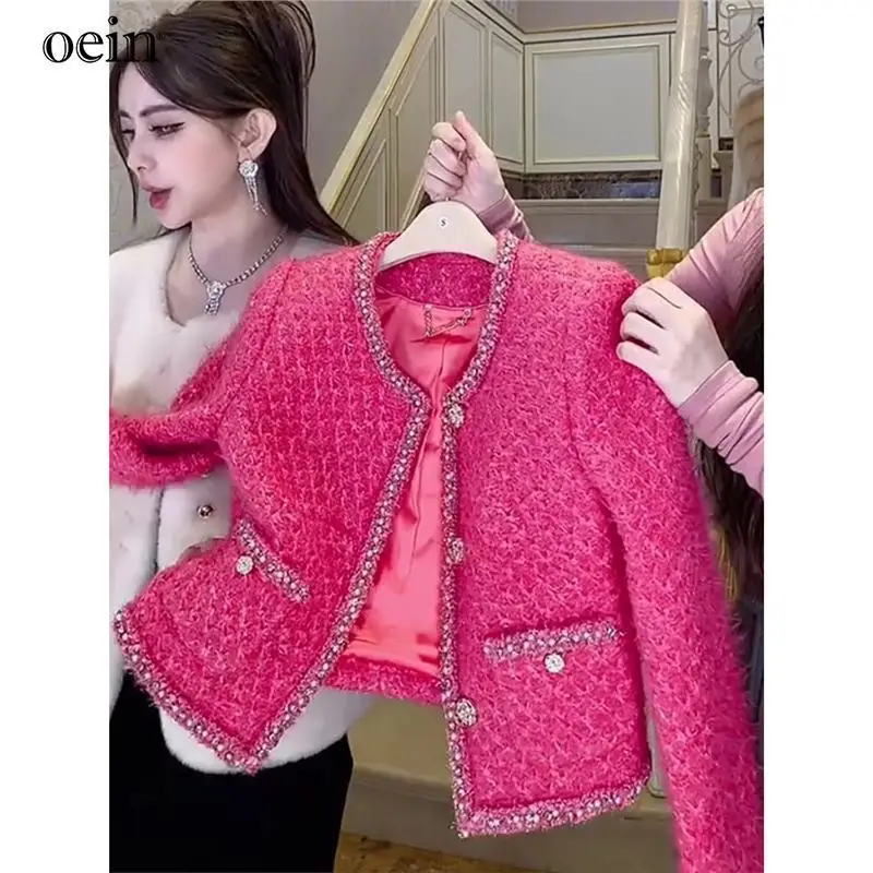 [oein] Winter High-end Socialite Rose Pink Heavy Industry Nail Bead Round Neck Cardigan