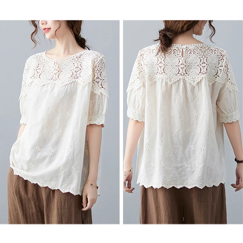 Cotton Linen Embroidery Hollow Short-sleeved Shirt Female 2024 Summer New Korean Fashion Blouse Temperament Casual Vintage Tops