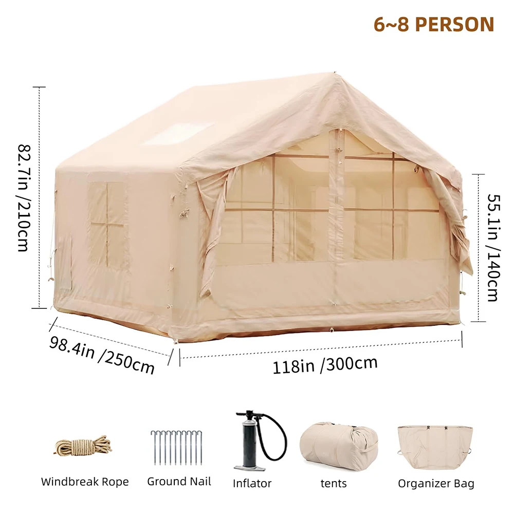 Inflatable Camping Tent 6-8 Person 4-Season 80.7 Sq Ft with Stove Jack Waterproof Oxford Fabric Easy