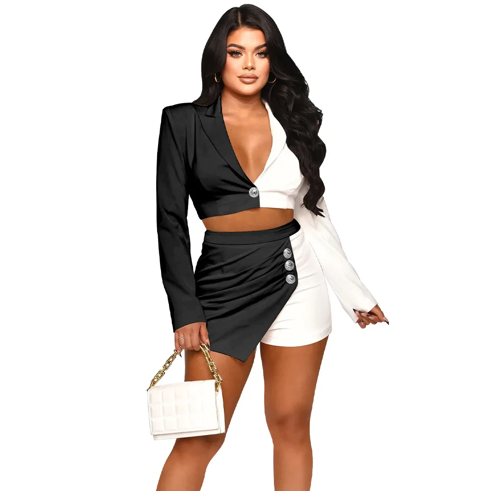 Set da 2 pezzi da donna a contrasto di colore Blazer corto monopetto minigonne aderenti asimmetriche Set coordinato completo Blazer autunnale 2023