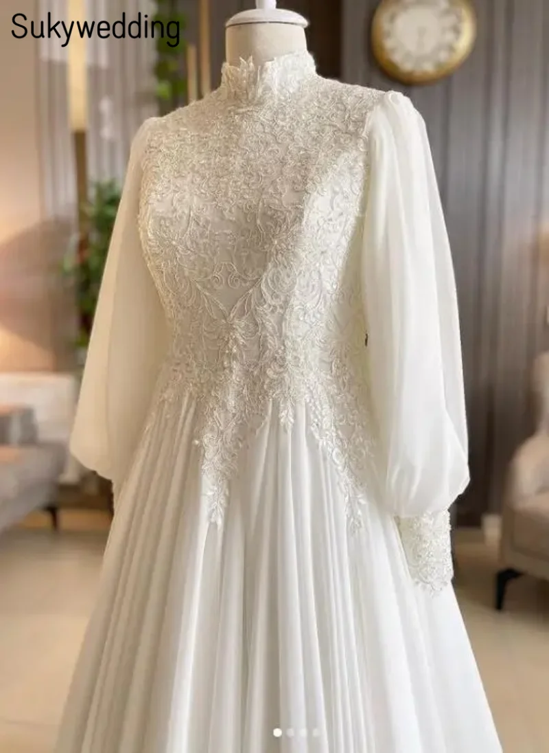 Muslim Morrocan Lace Wedding Dresses with Long Sleeves High Neck Chiffon Lace Appliques Bride GownsRobe De Mariée Customized