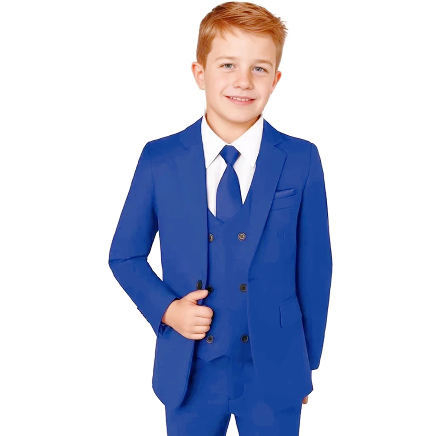 

Королевский синий формальный костюм из трех предметов для мальчиков, пиджак с лацканами и вырезом, формальный и стильный костюм, комплект свадебного костюма с длинными рукавами