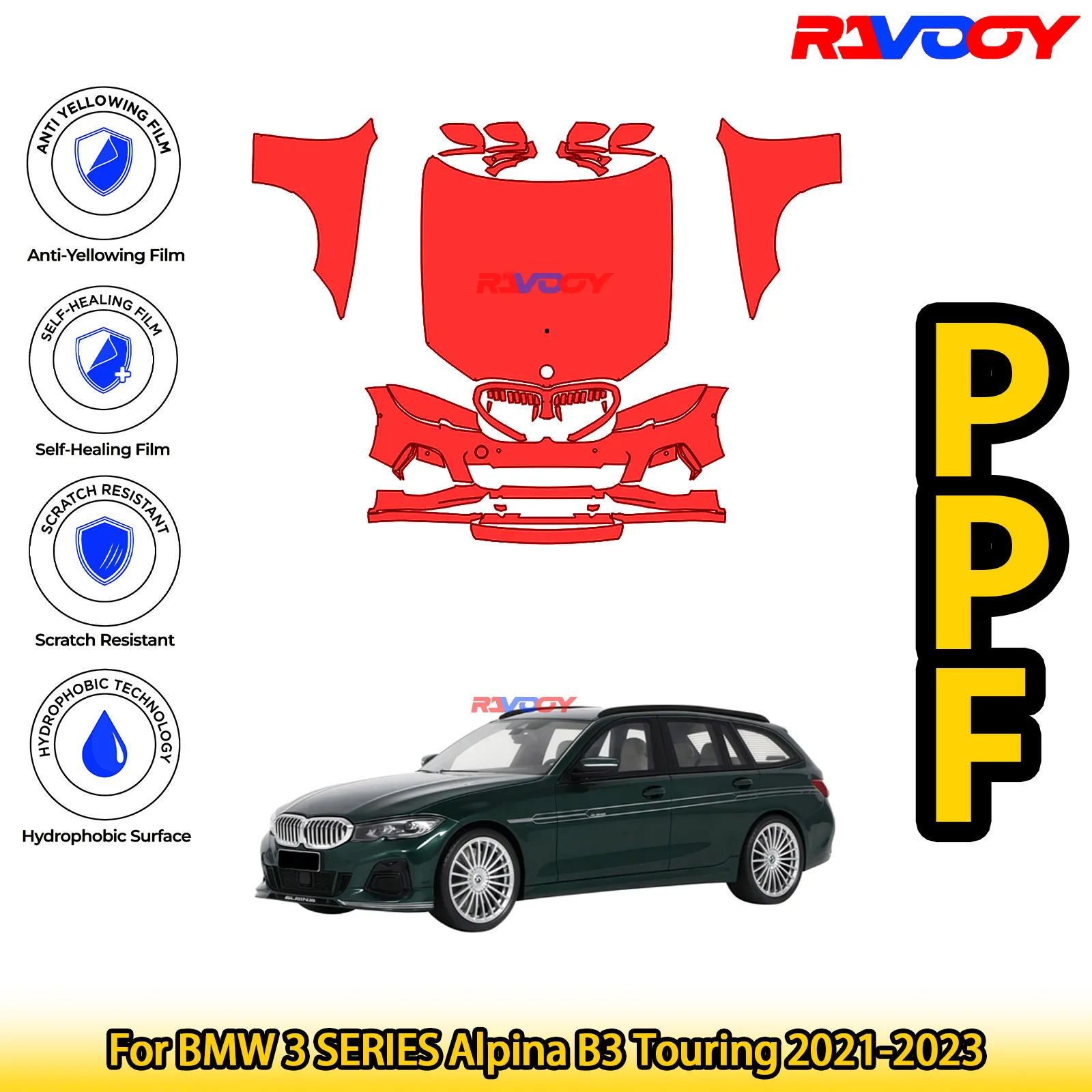 

Для BMW 3 SERIES Alpina B3 Touring 2021-2023, глянцевая матовая черная предварительно вырезанная передняя защитная пленка PPF, комплект