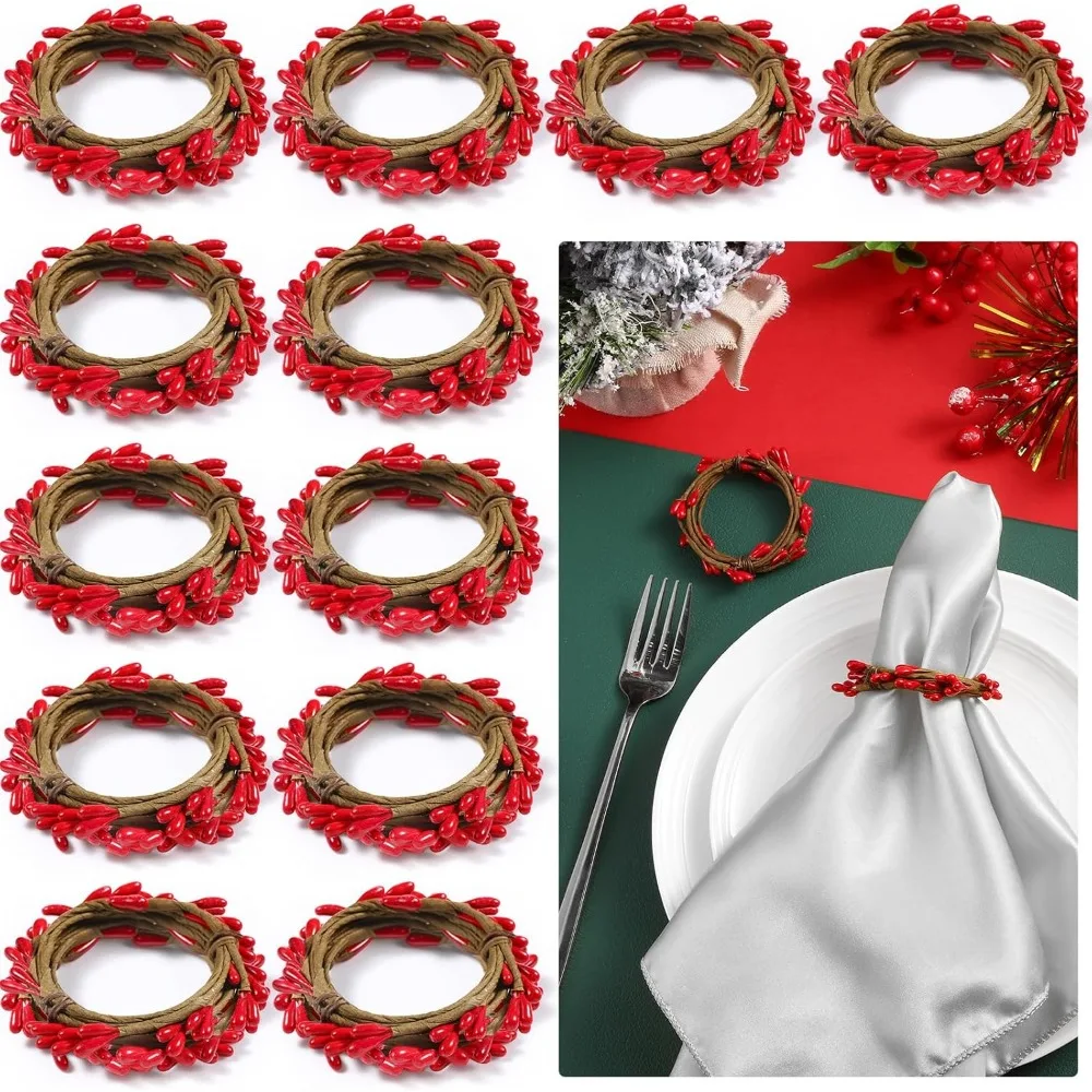 

12 Pieces Christmas Napkin Rings Winter Fall Napkin Rings Buckles Artificial Ply Pip Berry Napkin Holder Ring for Thanksgiv