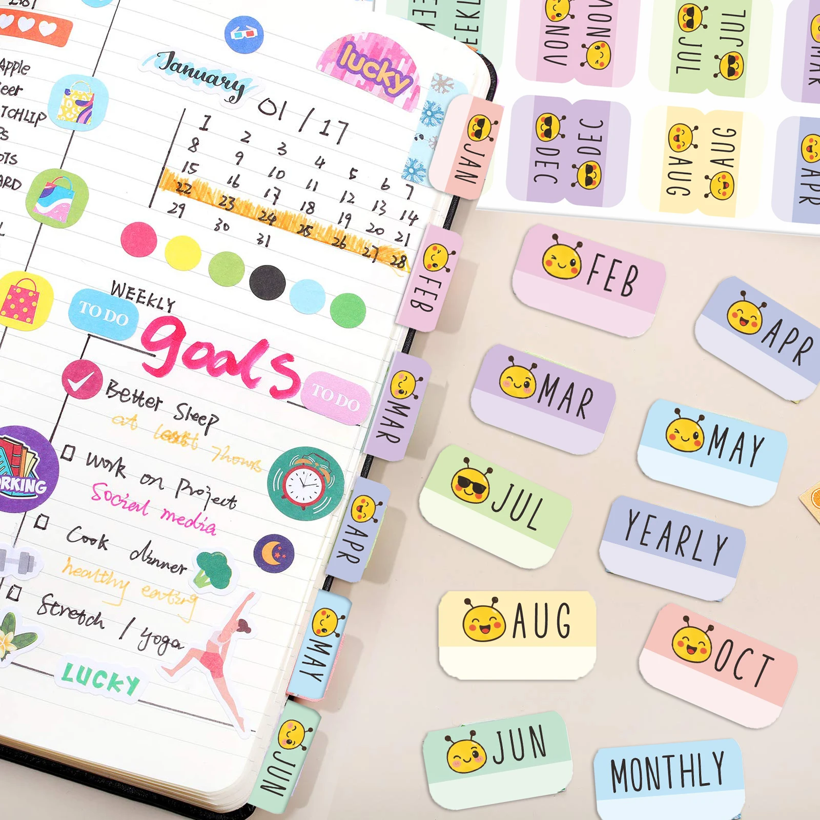 32pcs Monthly Planner Tabs - Adhesive Index Stickers for Planners, Journals, & Organizers | Decorative Tabs for Office & Study P