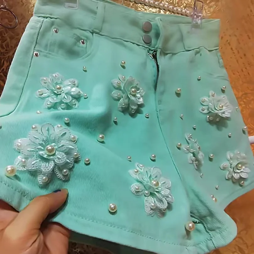 

Luxury Style Beaded Sequined Flowers Stitch Denim Shorts For 2024 Summer Jeans Short Hot Pants