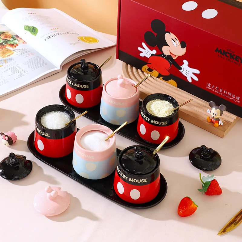 Disney Mickey Seasoning Box Ceramic Seasoning Pot Set Salt Pot With Spoon Seasoning Pot Kitchen Household Cartoon Seasoning Box