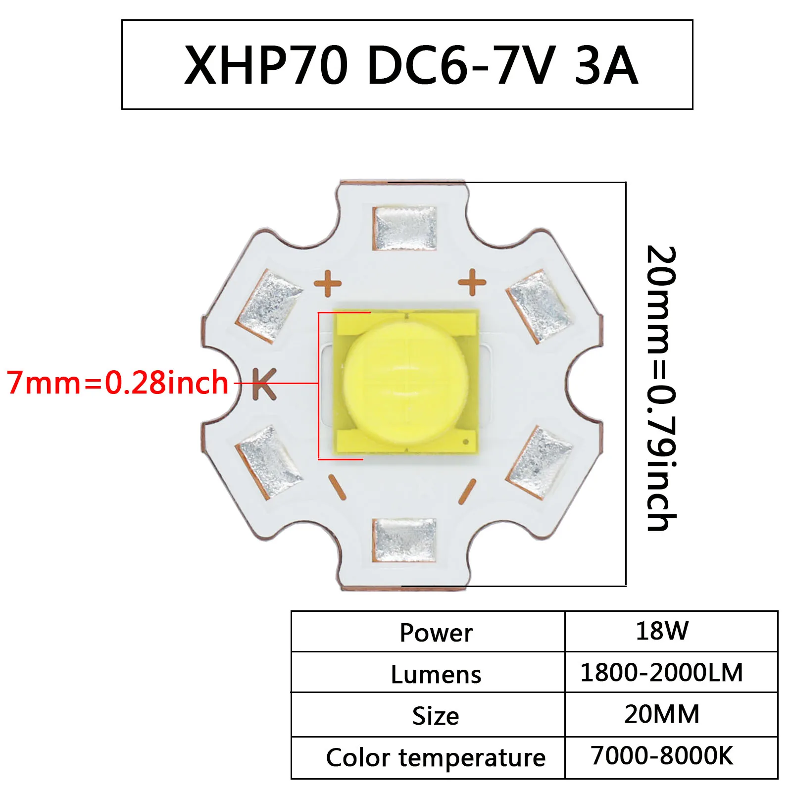 High Power LED Beads 18W Light DC3-4V DC6-7V 3A 6A XHP70 Cold White LED Chip COB Lamp DIY for Torch Flashlight Car Lighting