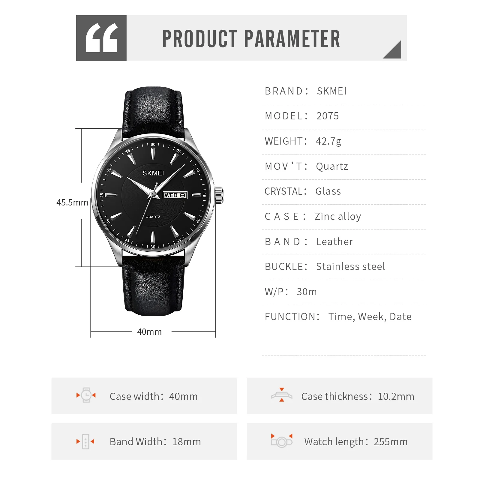 SKMEI رجال الأعمال وسيم ساعة الموضة الكلاسيكية تنوعا مقاوم للماء تاريخ يوم مكان العمل التنقل ساعة كوارتز 2075