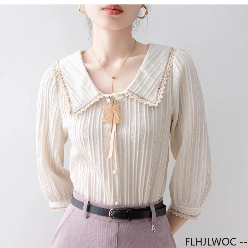 Dentelle col claudine hauts chemisiers nouveau Design 2025 été femmes mignon doux filles solide nœud papillon haut rétro Vintage bouton chemises