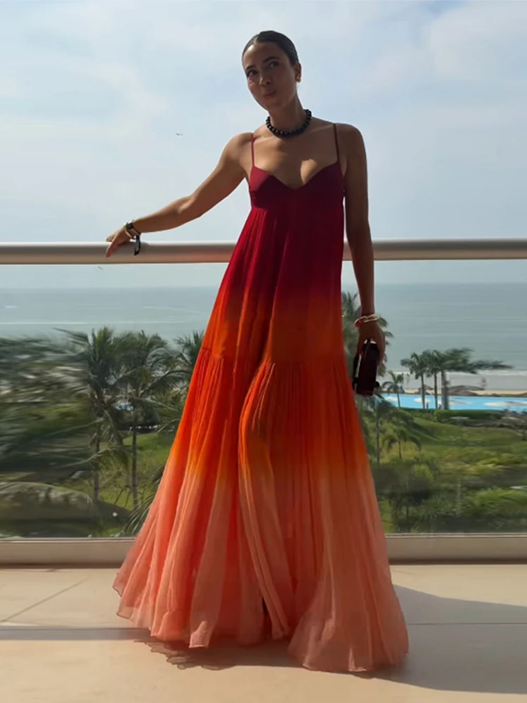 

Women Dress Ombre Chiffon Maxi Dress Spaghetti Strap Spring Beach Vacation Tiered Flowy Dresses Outfit Woman Clothes Daily Wear