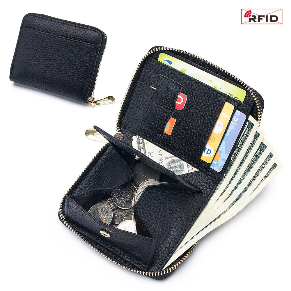 Women Wallet RFID Blocking Multi-function Card Wallets Leather Zipper Bifold Purse with SIM Card Slot