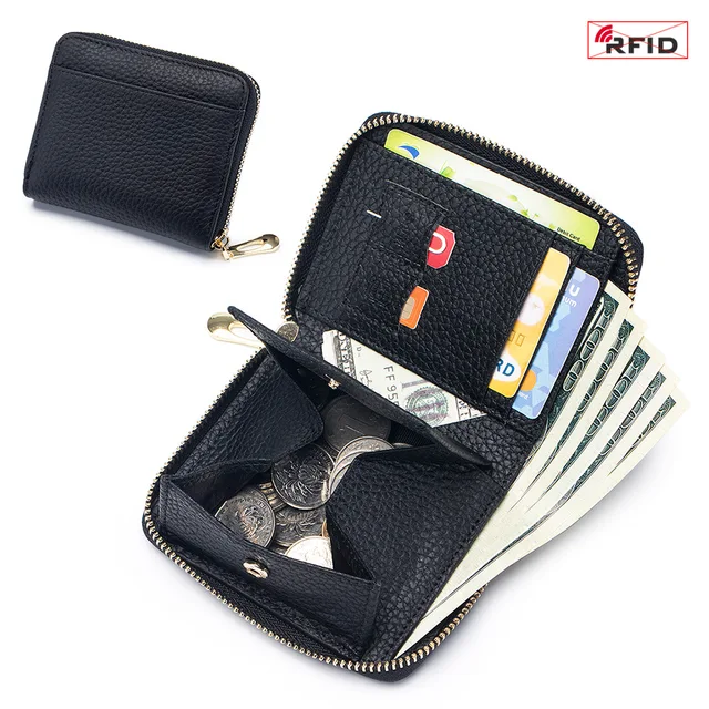 Portfel damski Wielofunkcyjne portfele na karty z blokadą RFID Skórzana torebka Bifold z zamkiem błyskawicznym i gniazdem karty SIM