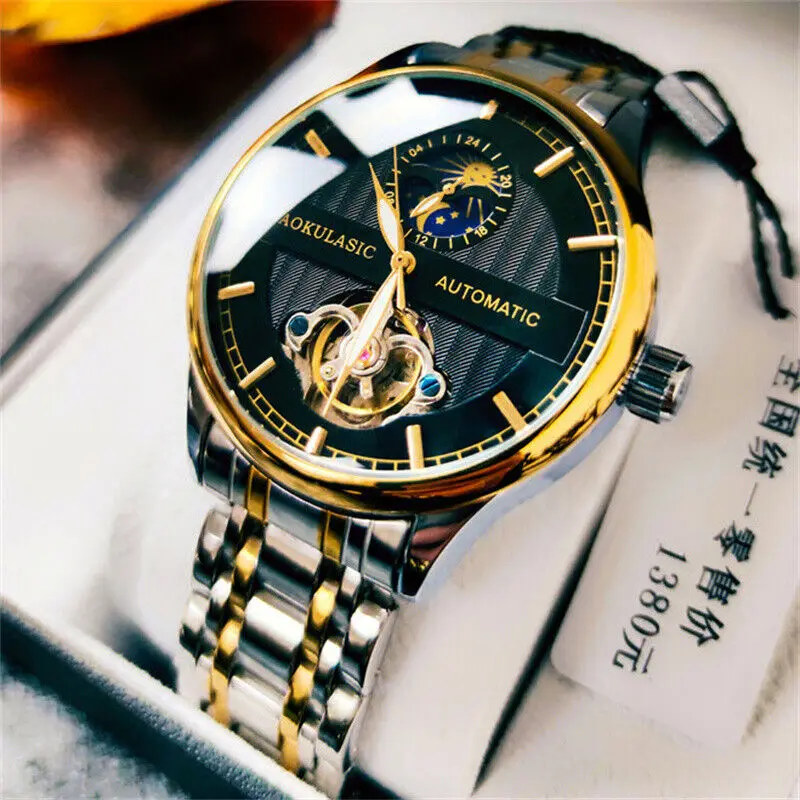 

Men's Handsome Tourbillon Moon Phase Automatic Self Wind Mechanical Watch Waterproof Luminous Stainless Steel Band Wristwatch