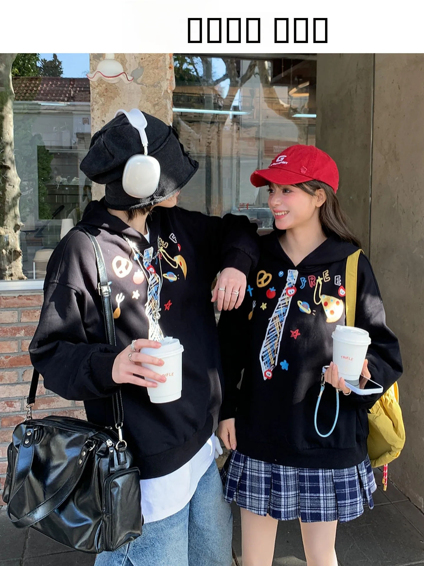 

Sweet Design Printed Hoodie Women's Loose Fit Casual Top Couple's Sle Autumn Faion Cotton Polyester Blend Long Sve