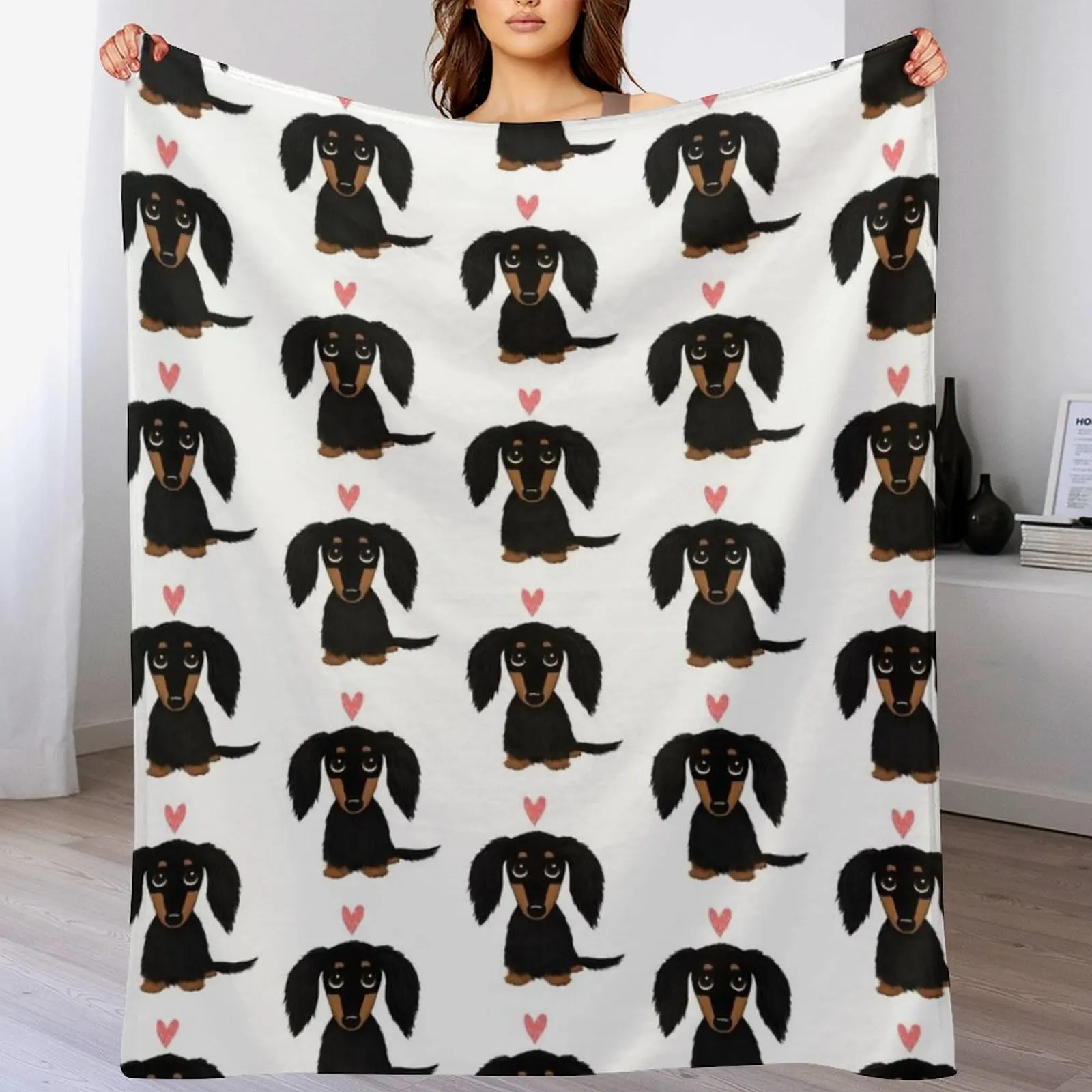 Black and Tan Longhaired Dachshund Cartoon Dog with Heart Throw Blanket Hairys Decorative Beds Blankets