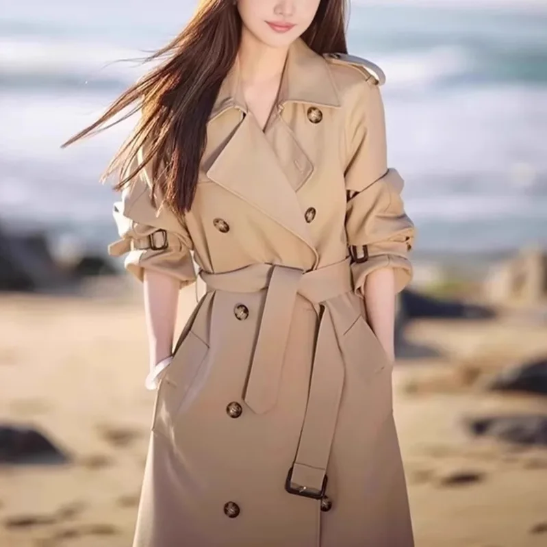 

SuperAen Khaki Trench Coat Double Breasted 2025 Spring and Autumn New England Style Simple Belt Waist Fashion Long Coat