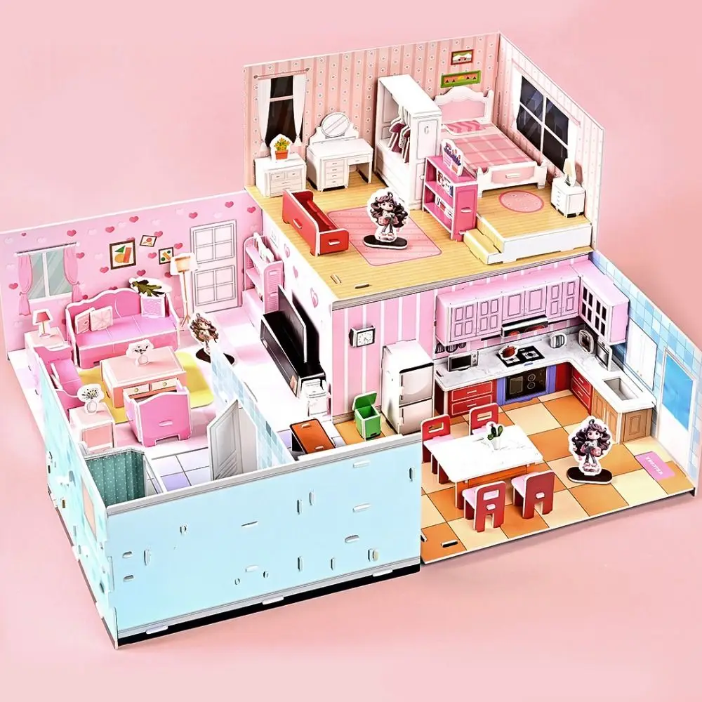 Diy quarto diy quebra-cabeça casa de bonecas quarto cozinha banheiro fingir jogar papel casa de boneca dos desenhos animados artesanal 3d papel quebra-cabeça quarto presentes