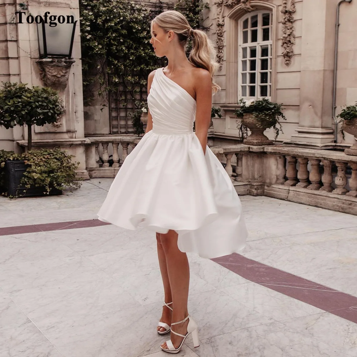 Toofgon A Line Satin Short Wedding Dresses For Bride One Shoulder Pleated Buttons Knee Length Formal Bridal Gowns Prom Party