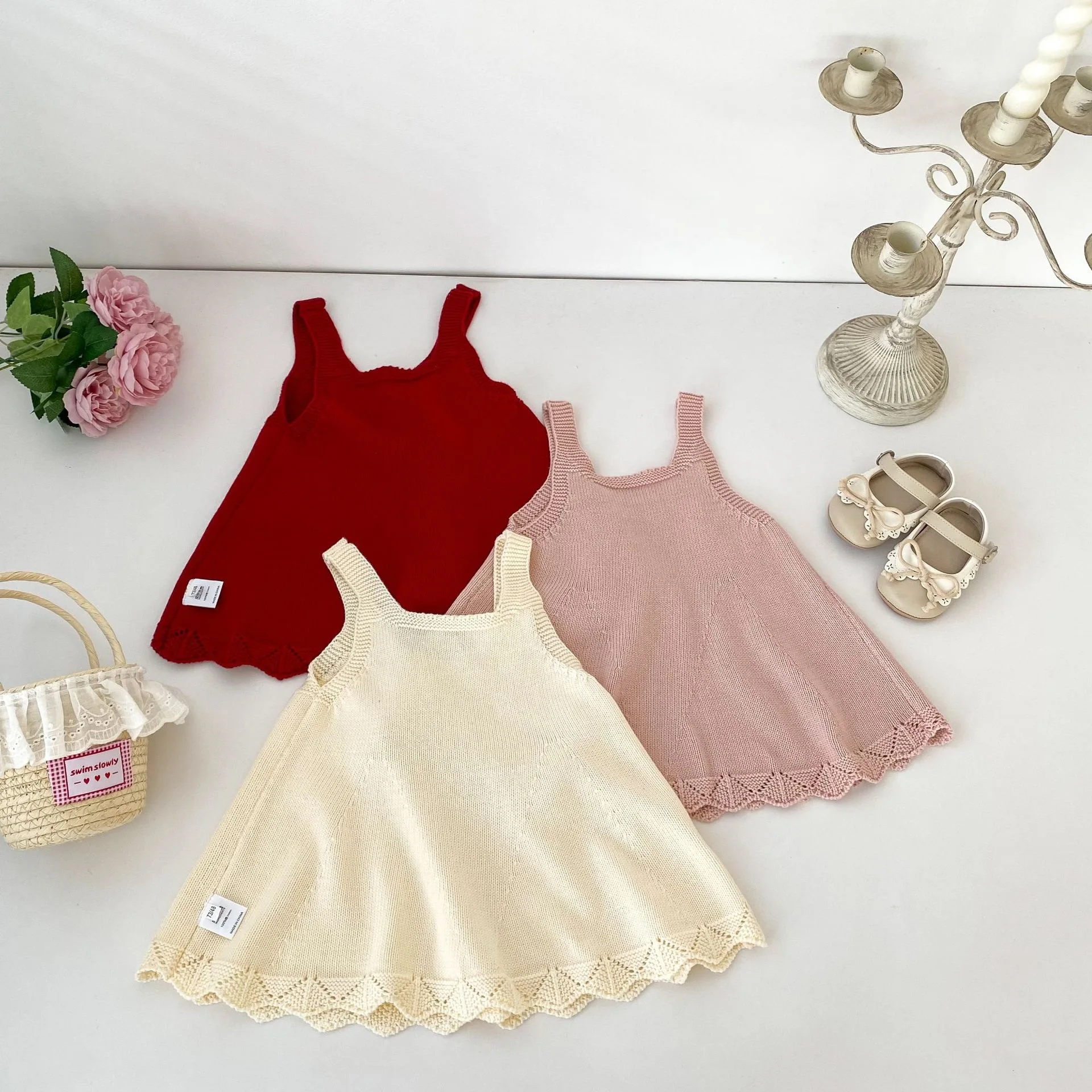 Girls' Korean Ins Knitted Dress Versatile Hollow Lace Sleeveless Strap Princess Dress