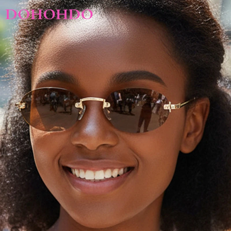 

New Luxury Metal Rimless Oval Sunglasses Trendy Brand Punk Men Sunglass Outdoor Summer Traveling Shade Eyewear Ladies UV400 Очки