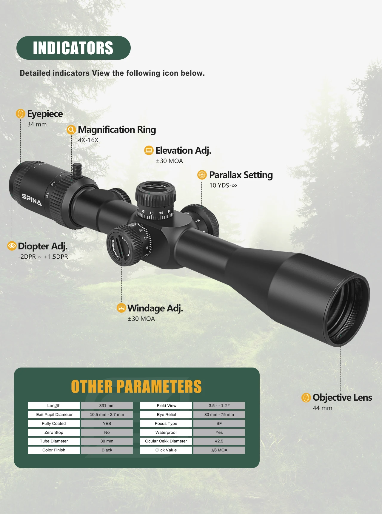 SPINA Optics 4-16x44 FFP First focal plane 5-200m Hunting Scope HD Lens 10yds to infinite Parallax Red&Green Illuminated