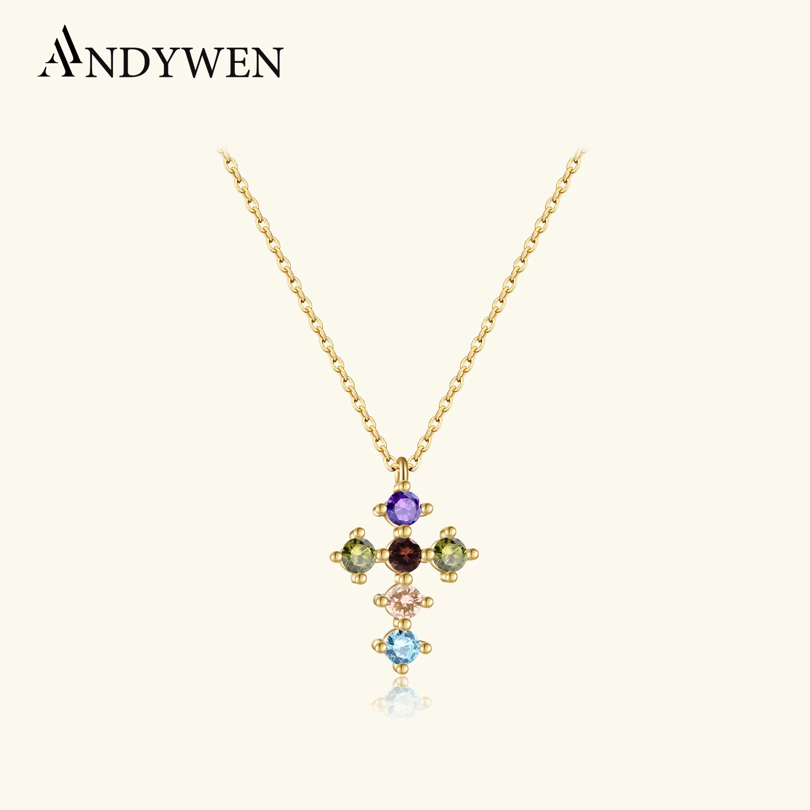 ANDYWEN 925 Sterling Silver Rainbow Colorful Zircon Cross Pendent Necklace Long Chain 2025 Women Luxury Jewelry Crystal Fine