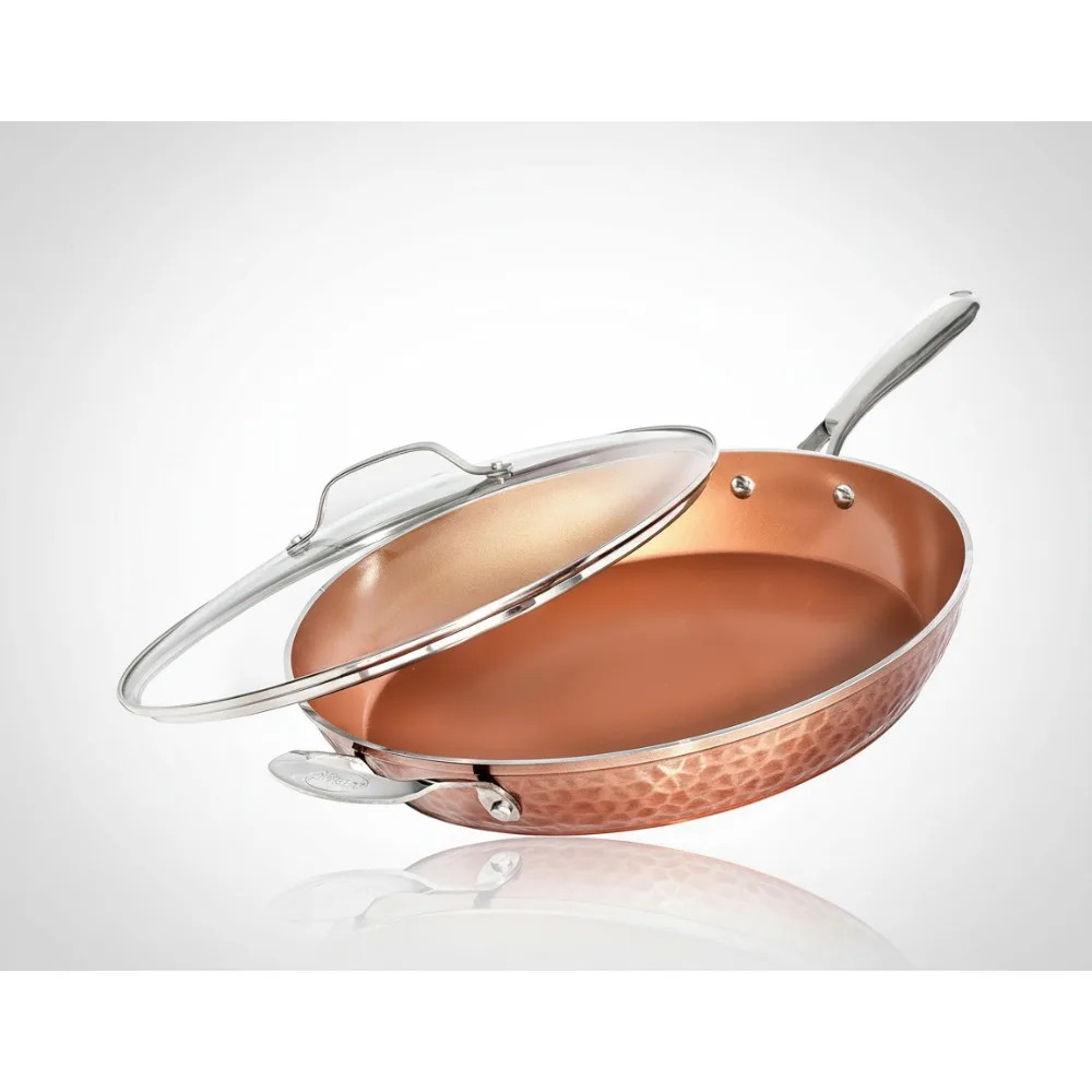 

14-дюймовая сковорода с антипригарным покрытием и крышкой, керамическим покрытием и индукционной пластиной для ровного нагрева, можно мыть в духовке/посудомоечной машине