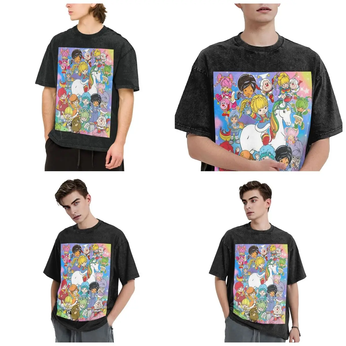 Cartoon Cute Rainbow Brite Hip Hop Short Sleeve T-Shirts Washed Tops Tees Streetwear T Shirt Cotton for Men Women