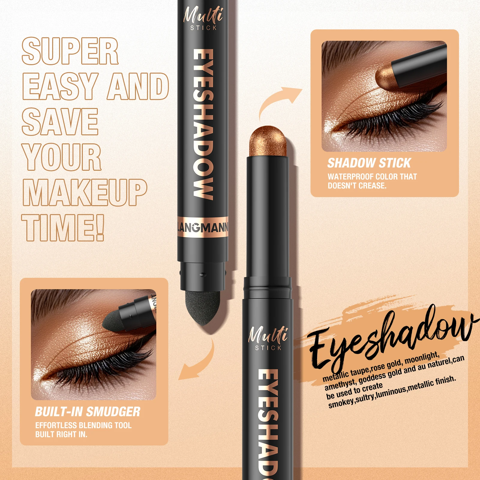 Multi functional double head eye shadow stick, shiny, easy to apply, smooth, lasting, natural makeup effect