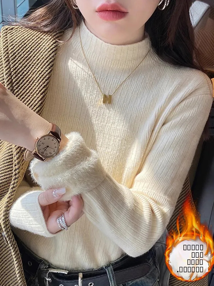 

Женский вязаный свитер на подкладке больших размеров, зимний вязаный бархатный свитер с высоким воротником, теплая внутренняя одежда Au...