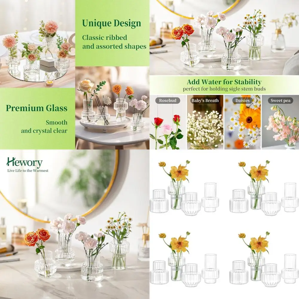 

Set of 16 Clear Ribbed Glass Bud Vases for Modern Wedding and Event Centerpieces - Small Vases for Bridal Showers and Home Decor