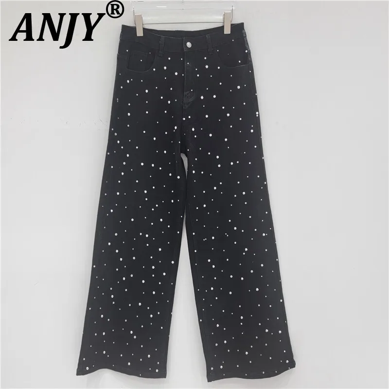 

ANJY Autumn New Women Stylish Jeans Heavy Craft Studded Diamonds Beaded Straight High Street Casual Versatile Denim Pants A10274
