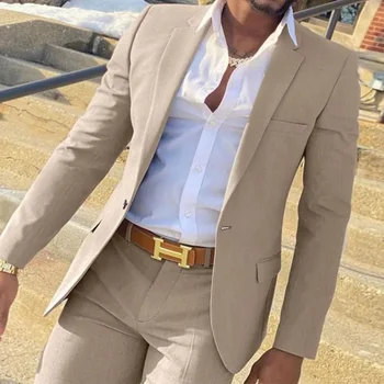 2024 Bej Takım Elbise Erkekler Için Slim Fit Düğün Damat Smokin Groomsmen Takım Elbise Erkek Moda Sigara Kostüm Homme 2 Parça (Blazer + Pantolon)