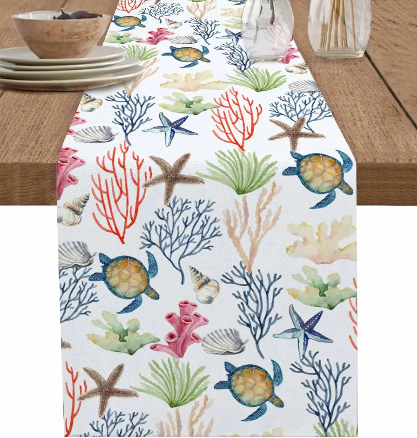 Summer Coral Sea Turtle Starfish Linen Table Runners Dresser Scarf Coastal Nautical Kitchen Table Runners Holiday Party Decor