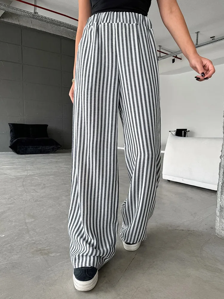 MSCSZ Blue Striped Casual Pants For Women Elastic Waist Wide Pants 2024 New In Stylish Full Length Trousers