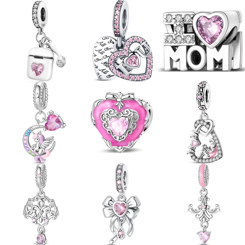 

925 Silver Pink Heart-shaped Zircon Series Mom Bowknot Unicorn Pendant Beads Fit Original Pantaro Charms Bracelet Women Jewelry