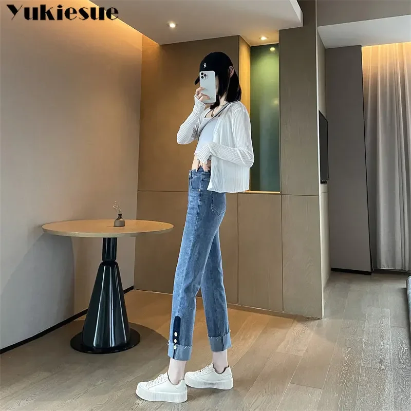 Nova cintura alta feminina magro ajuste calças de colheita estiramento retro moda casual calças femininas jeans retos 2023 primavera verão