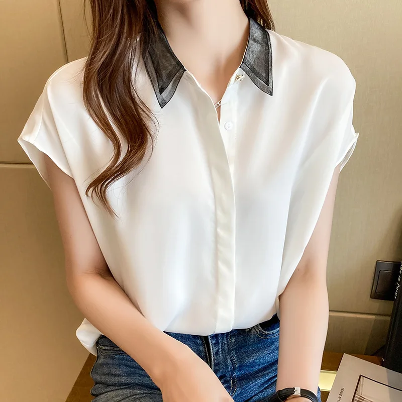 Satynowa bluzka damska z krótkim rękawem Top Office Lady V Neck Solid Color Office Blouses Fashion Summer Chiffon Shirt Blusas De Mujer